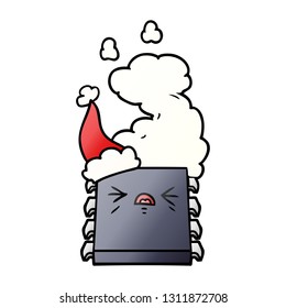 caricatura de gradiente dibujada a mano de un chip de computadora sobrecalentado con sombrero santa