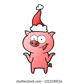 caricatura de gradiente dibujada a mano de un cerdo sin preocupaciones usando sombrero santa