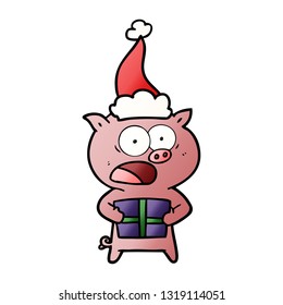 hand drawn gradient cartoon of a pig with christmas present wearing santa hat