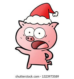 hand drawn gradient cartoon of a pig shouting wearing santa hat