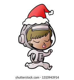 hand drawn gradient cartoon of a pretty astronaut girl running wearing santa hat
