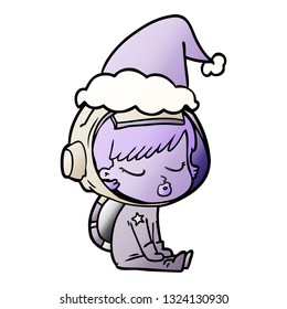 hand drawn gradient cartoon of a pretty astronaut girl sitting waiting wearing santa hat
