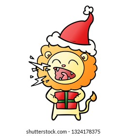 hand drawn gradient cartoon of a roaring lion with gift wearing santa hat