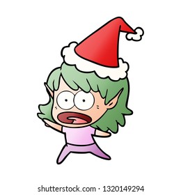 caricatura de gradiente dibujada a mano de una elfo sorprendida con sombrero santa