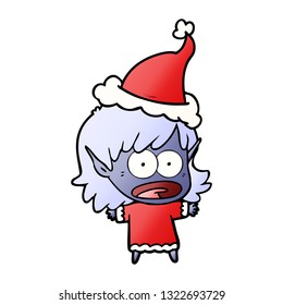 hand drawn gradient cartoon of a shocked elf girl wearing santa hat
