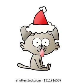 hand drawn gradient cartoon of a sitting dog with tongue sticking out wearing santa hat