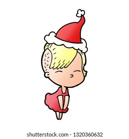 hand drawn gradient cartoon of a squinting girl in dress wearing santa hat