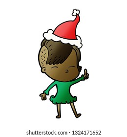 hand drawn gradient cartoon of a squinting girl wearing santa hat