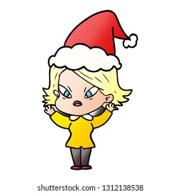 caricatura de gradiente dibujada a mano de una mujer estresada con sombrero santa