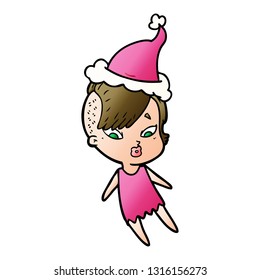 hand drawn gradient cartoon of a surprised girl wearing santa hat