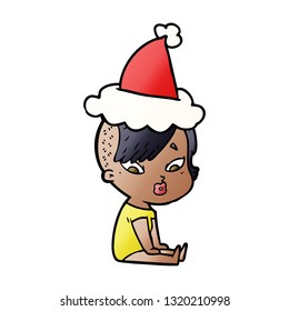 hand drawn gradient cartoon of a surprised girl wearing santa hat