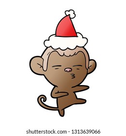 hand drawn gradient cartoon of a suspicious monkey wearing santa hat