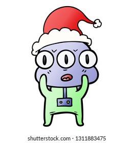 hand drawn gradient cartoon of a three eyed alien wearing santa hat