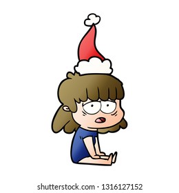 hand drawn gradient cartoon of a tired woman wearing santa hat