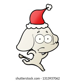 hand drawn gradient cartoon of a unsure elephant running away wearing santa hat