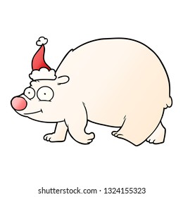 hand drawn gradient cartoon of a walking polar bear wearing santa hat