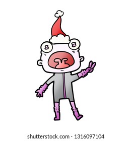 hand drawn gradient cartoon of a weird alien waving wearing santa hat