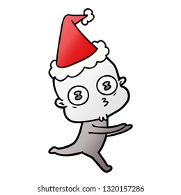 hand drawn gradient cartoon of a weird bald spaceman running wearing santa hat