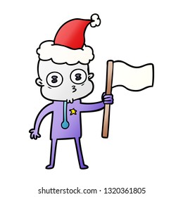 hand drawn gradient cartoon of a weird bald spaceman with flag wearing santa hat