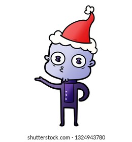 hand drawn gradient cartoon of a weird bald spaceman wearing santa hat