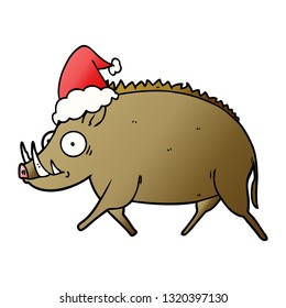 hand drawn gradient cartoon of a wild boar wearing santa hat
