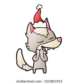 hand drawn gradient cartoon of a wolf laughing wearing santa hat
