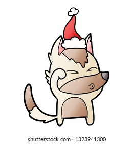 hand drawn gradient cartoon of a wolf pouting wearing santa hat
