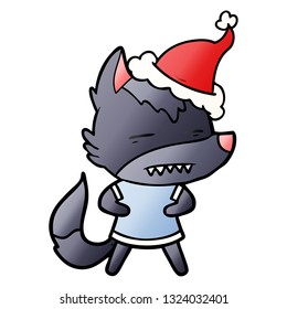 caricatura de gradiente dibujada a mano de un lobo que muestra dientes con sombrero santa