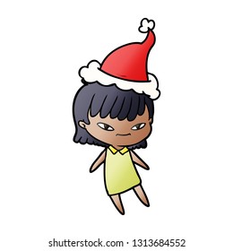 hand drawn gradient cartoon of a woman wearing santa hat