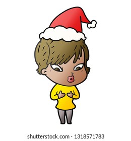 hand drawn gradient cartoon of a woman wearing santa hat
