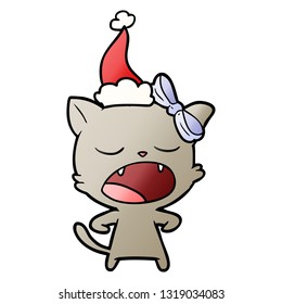 hand drawn gradient cartoon of a yawning cat wearing santa hat