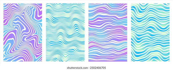 Fondos groovy degradados dibujados a mano, conjunto de patrones. Agua, manchas de mar, olas. Rayas torcidas desiguales distorsionadas, rayas deformadas, líneas onduladas de líquido doodle. Colección de Plantillas de rectángulo ondulado.