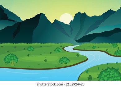 Hand drawn gradient mountain and river landscape
