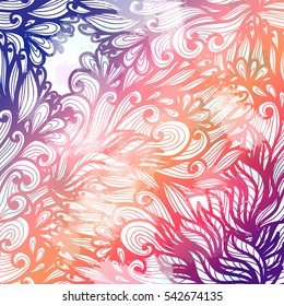Hand drawn gradient pink and blue floral invitation card design with swirls and leaves