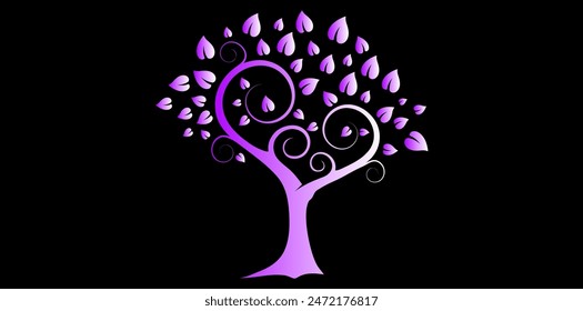 Hand Drawn Gradient Tree On Black Background, Tree Logo Design Vector Illustration.
