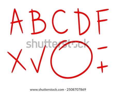 Hand drawn grading doodle elements set. Red grades illustrations, simple elements - grades results, round accent line, plus and minus signs, check mark and cross mark. Knowledge testing, exam.