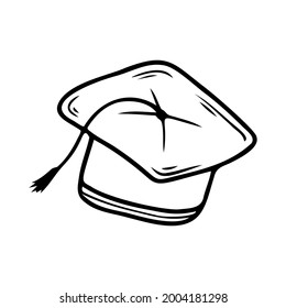 Hand drawn graduate hat, school items isolated on a white background. Doodle, simple outline illustration. It can be used for decoration of textile, paper.