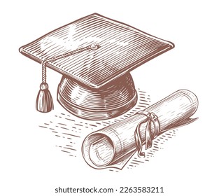 Hand drawn Graduation cap and diploma in sketch style. Academic degree, education concept. Vintage vector illustration