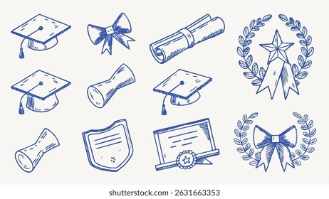 Hand drawn Graduation Ceremony Elements Caps Diplomas and Festive Decorations