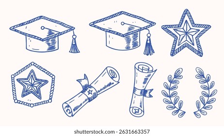 Hand drawn Graduation Ceremony Elements Caps Diplomas and Festive Decorations