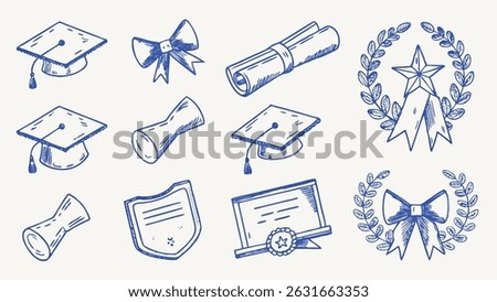 Hand drawn Graduation Ceremony Elements Caps Diplomas and Festive Decorations
