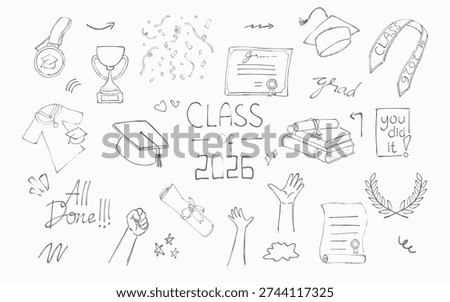 Hand drawn graduation doodle set featuring cap, diploma, trophy, and celebratory elements for Class of 2026. Perfect for invitations, posters, social media graphics, and school merchandise.
