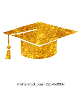 Hand drawn Graduation hat icon in gold foil texture vector illustration