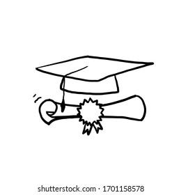 hand drawn graduation hat and scroll paper illustration with doodle style vector