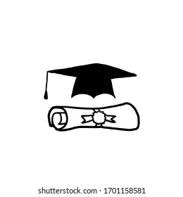 hand drawn graduation hat and scroll paper illustration with doodle style vector