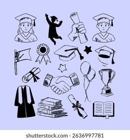 Hand Drawn Graduation Icon Set, Diploma, Graduate Cap, Gown, Balloons, Books and Award Trophy