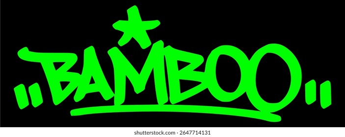 Hand drawn graffiti artwork of "Bamboo" in green on black background. Street style design ideal for eco-friendly, plant-based, or urban jungle themes.