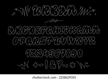 Hand drawn graffiti bubble style alphabet. Isolated trendy old-school typography design. Creative white monoline concept on black background. Vector lettering font