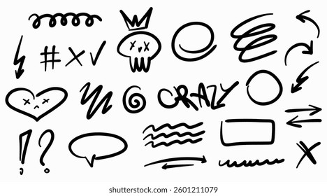 Hand drawn graffiti doodles. Includes scribble, arrows, skull, heart, symbols, and expressive strokes. Perfect for street art, urban designs, posters.