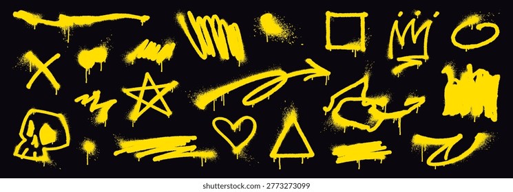 Hand drawn graffiti doodles with overspray, messy spray paint lines with drips and splatters. Yellow spray paint skull, heart and star doodle, grunge ink arrows, urban street art elements vector set